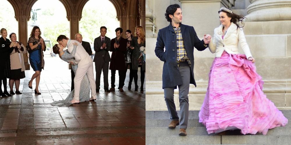 On Gossip Girl Blair and Chuck kissing at their wedding; Dan and Blair in pink ball gown and tiara on the steps of the Met Museum