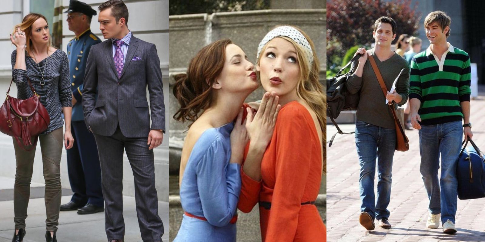 Split image of Chuck and Ivy, Blair and Serena, and Nate and Dan