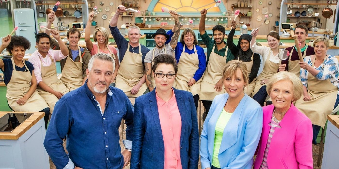 The cast of The Great British Bake Off series 6 with Paul, Mel, Sue, and Mary