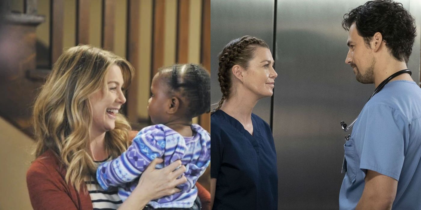 Meredith smiling and holding daughter Zola and Meredith and DeLuca standing together Grey&rsquo;s Anatomy featured image