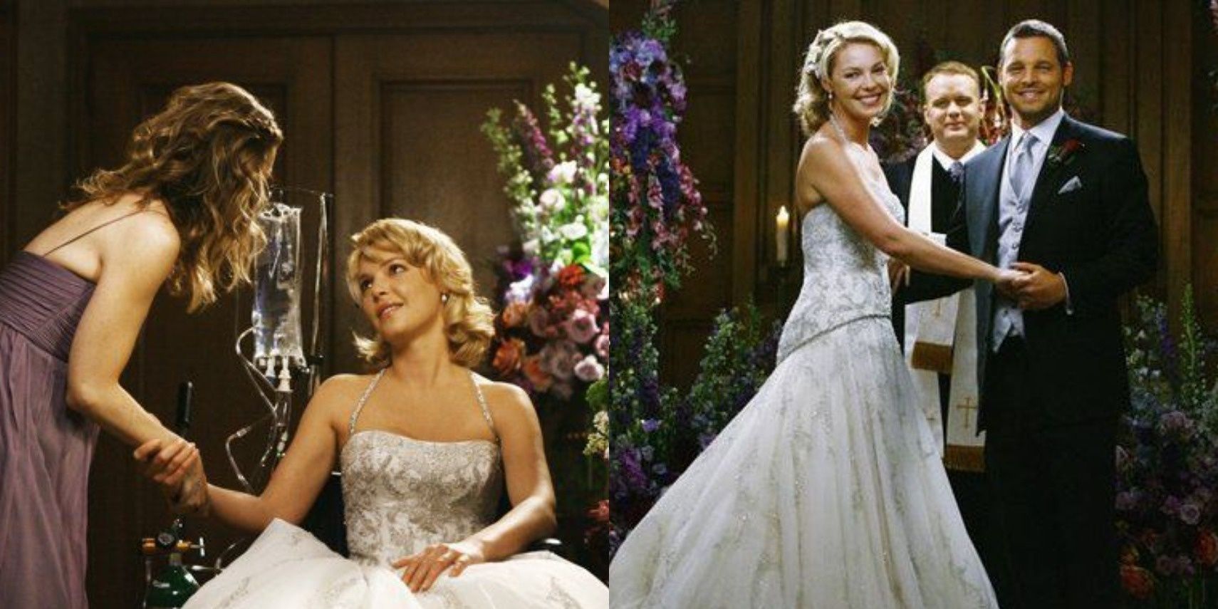 Izzie Stevens (Katherine Heigl) and Meredith Grey (Ellen Pompeo) smiling at each other; Izzie and Alex Karev (Justin Chambers) at their wedding in &quot;Grey's Anatomy.&quot;