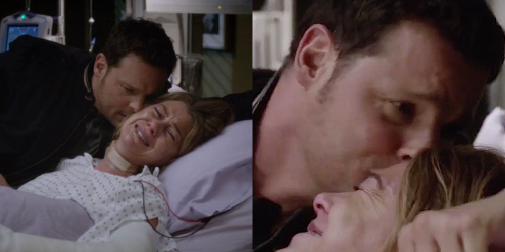 Alex Karev (Justin Chambers) hugging and comforting Meredith Grey (Ellen Pompeo) in &quot;Grey's Anatomy.&quot;
