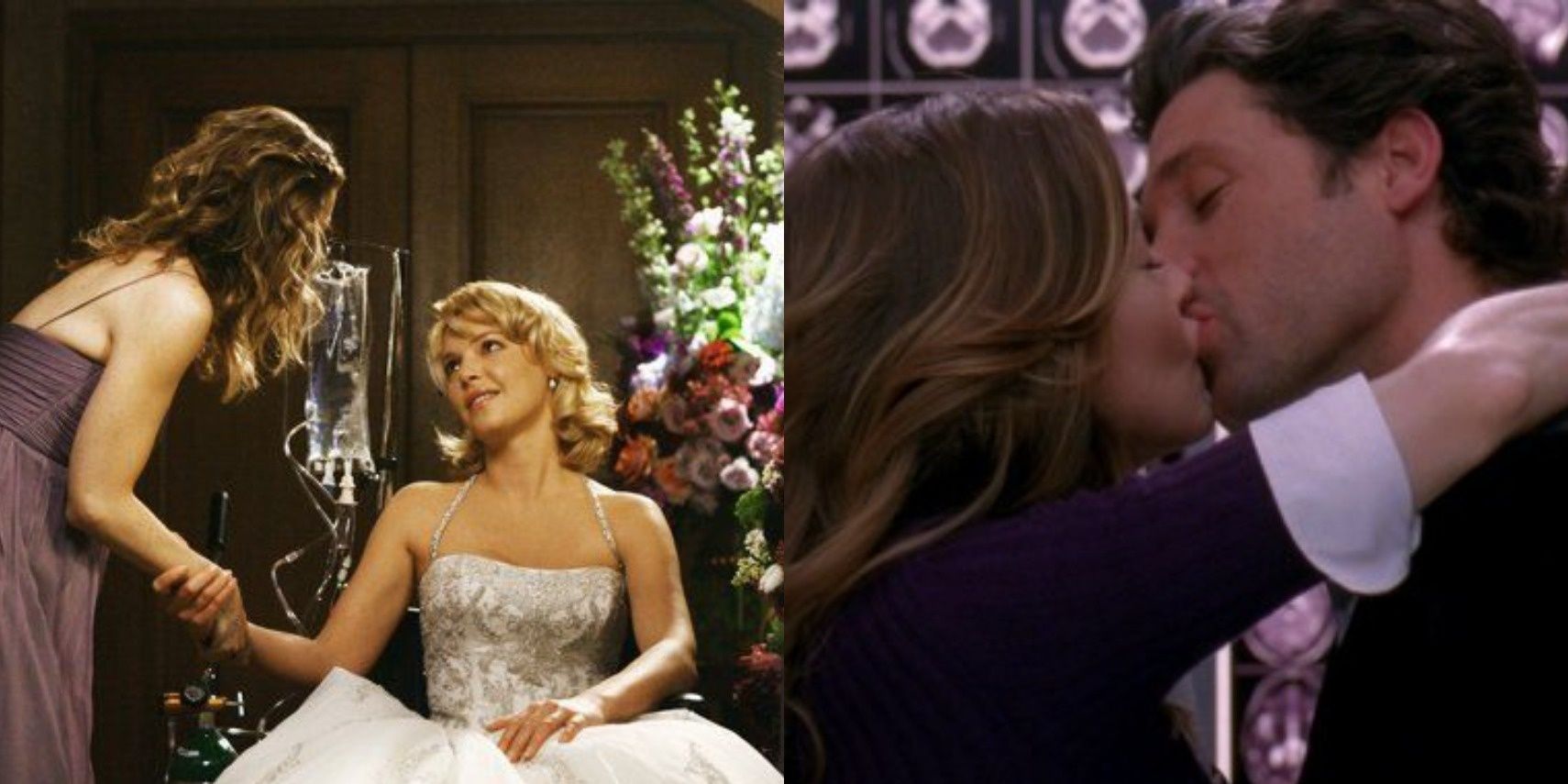Meredith and Izzie smiling at each other; Meredith and Derek kissing during their proposal in 