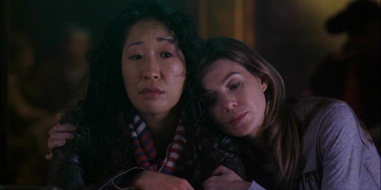Meredith Grey (Ellen Pompeo) and Cristina Yang (Sandra Oh) comforting each other in &quot;Grey's Anatomy.&quot;