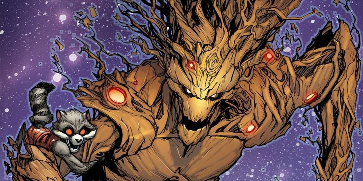 Groot roaring with a racoon on his shoulders