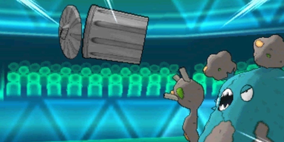 A shiny Garbodor uses Gunk Shot in a battle in a Pokemon game