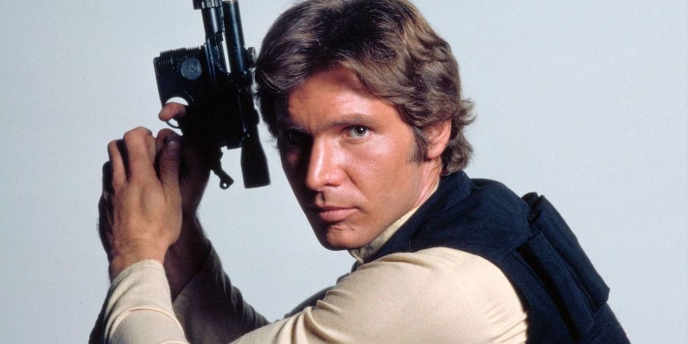 Han Solo with gun in both hands in Star Wars.