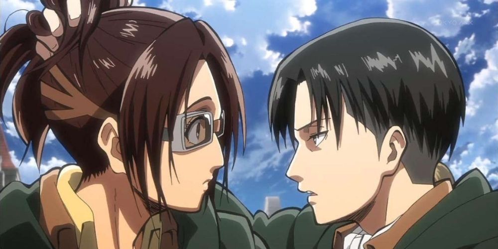 Hange and Levi in the Attack on Titan anime.