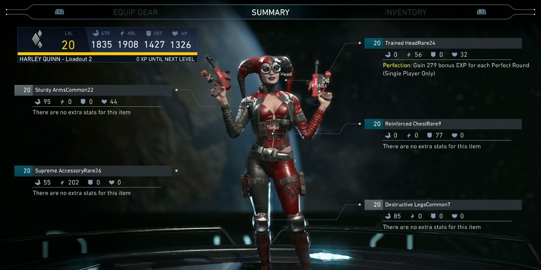 Harley Quinn's gear stat screen in Injustice 2