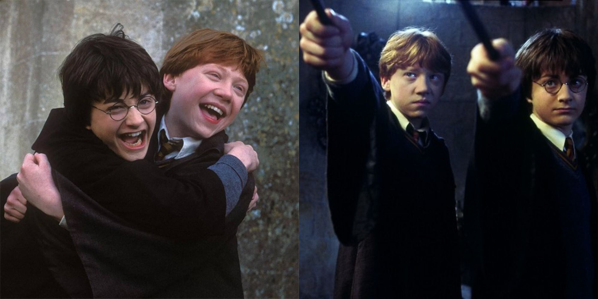Split image of Harry and Ron playing around/Harry and Ron point their wands