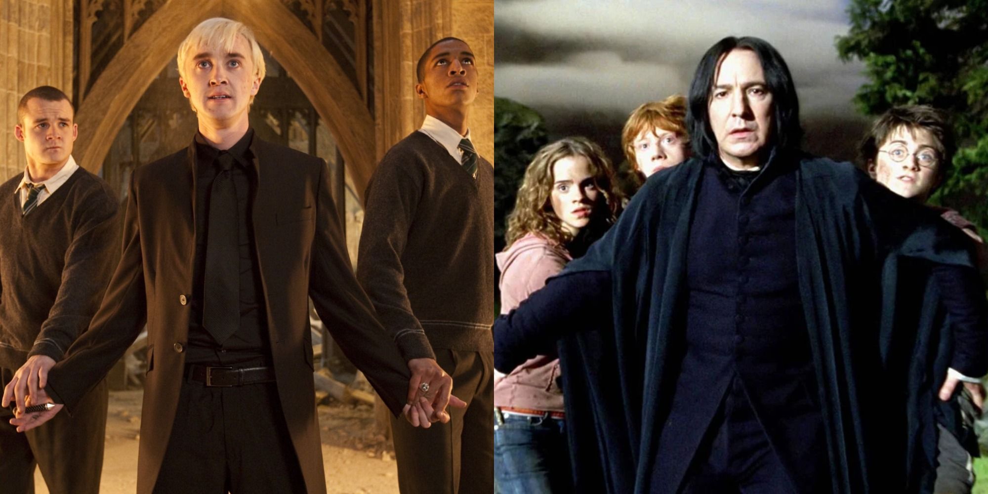 Split image of Draco Malfoy in front of his friends and Snape protecting Harry, Hermione and Ron