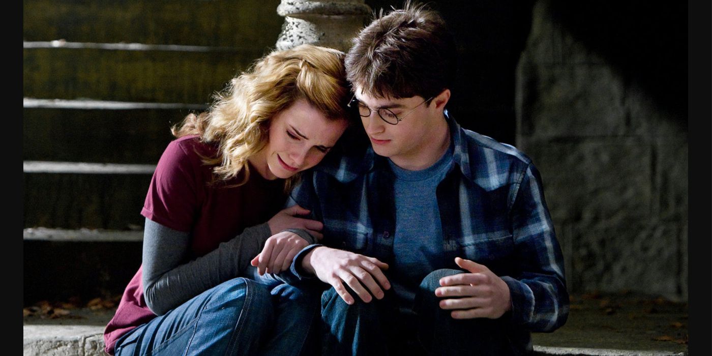 Hermione sits with Harry and cries