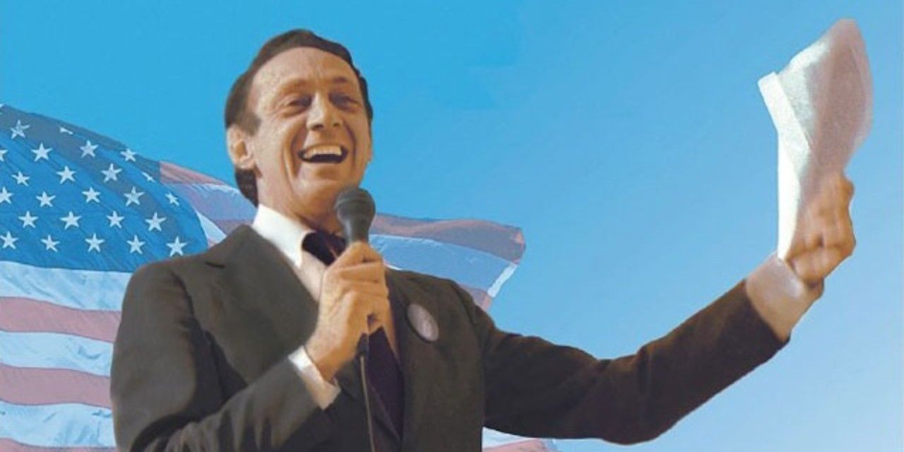 Harvey Milk holding papers and a mic in The Times of Harvey Milk