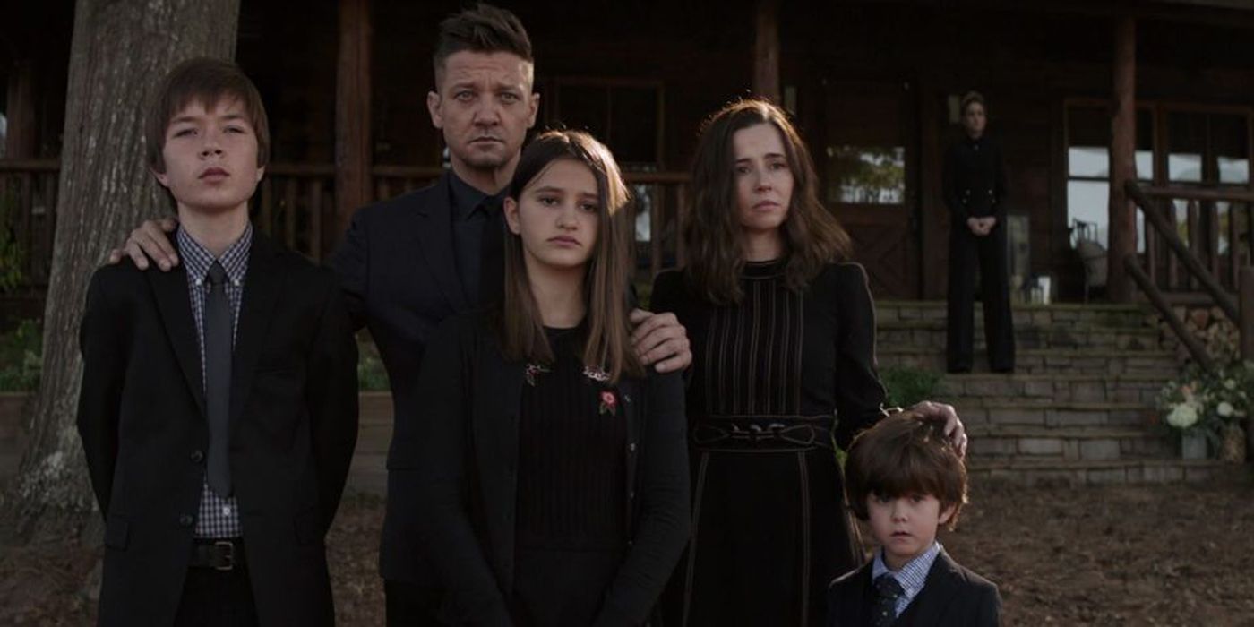 Hawkeye with his family at Tony Stark's funeral.