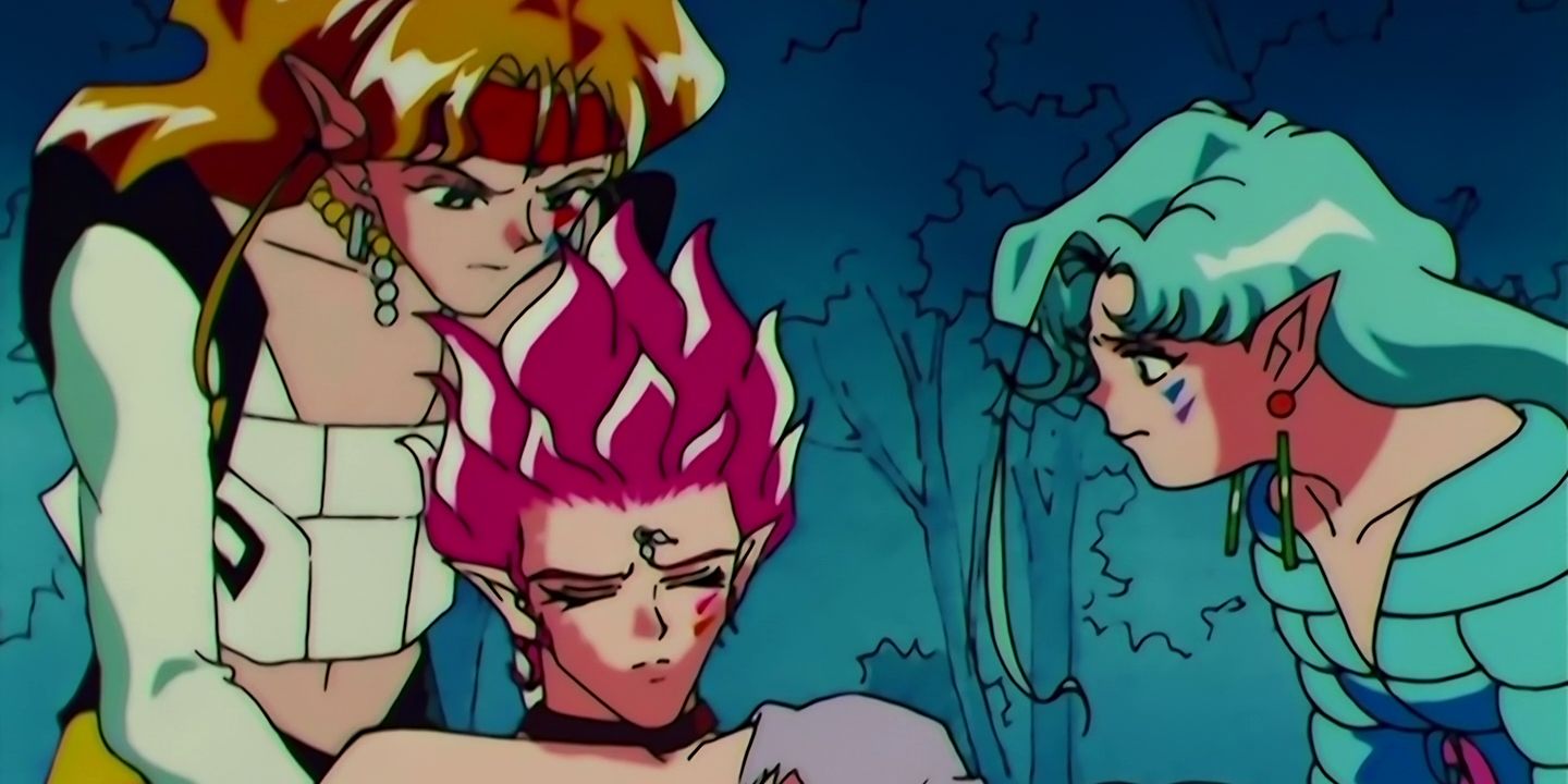 Hawk's Eye dies as Fish Eye and Tiger's Eye watch in Sailor Moon episode 149