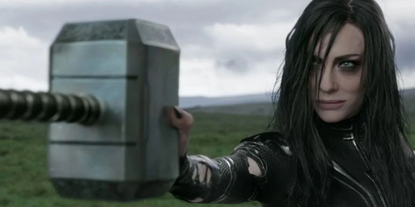 Hela holding Mjolnir with one hand in Thor: Ragnarok