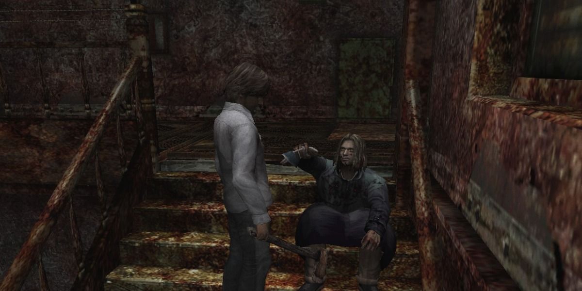 Henry Townshend talks to Walter Sullivan on a rusted stairwell in Silent Hill 4.