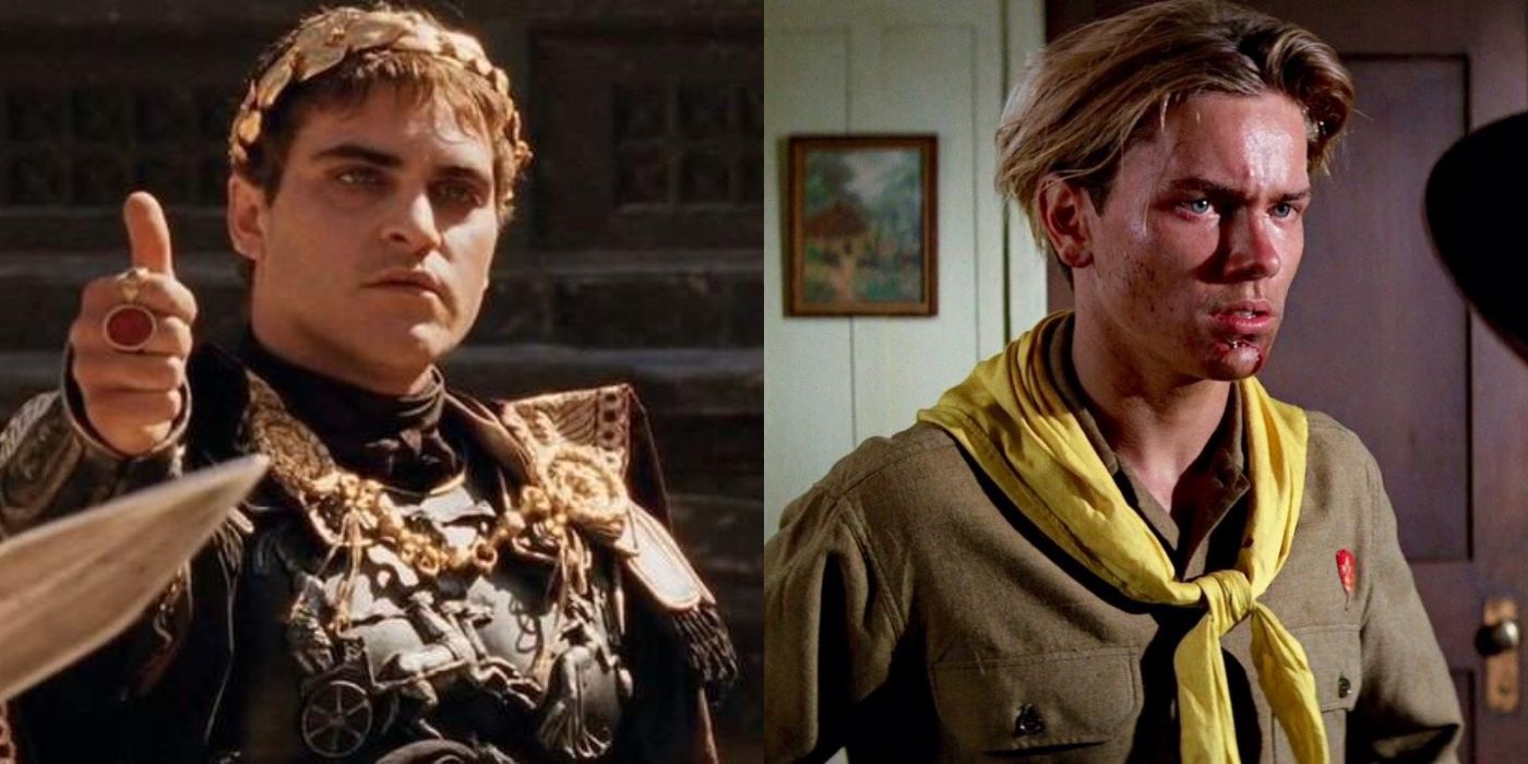 Joaquin Phoenix in Gladiator as a Roman emperor; River Phoenix as young Indiana Jones