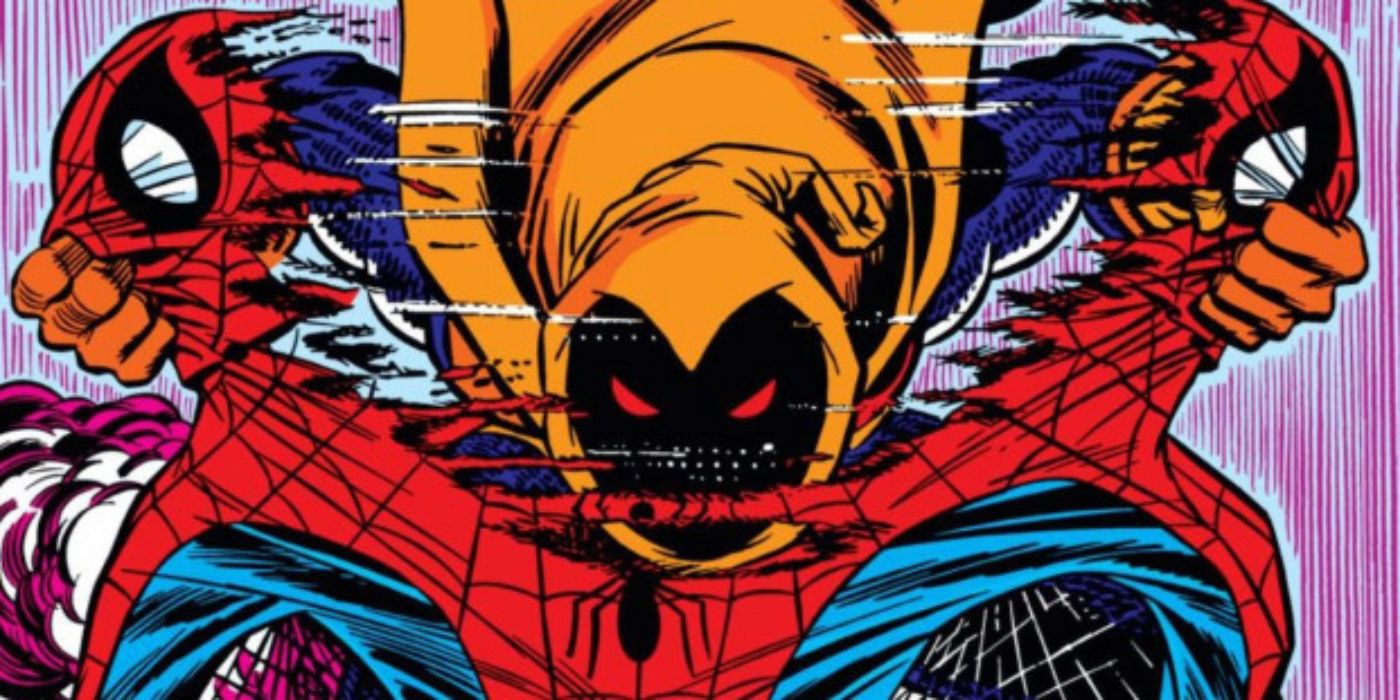 Hobgoblin rips a Spider-Man costume in half.