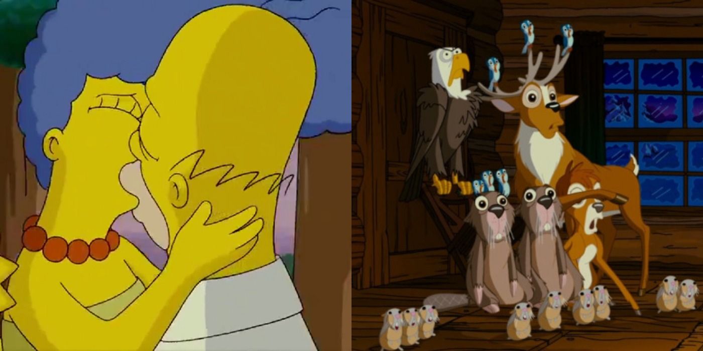 Homer and Marge kiss with animals watching
