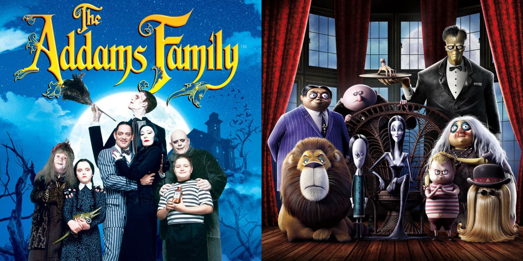 Split image with the posters for 1991's The Addams Family and 2019's The Addams Family