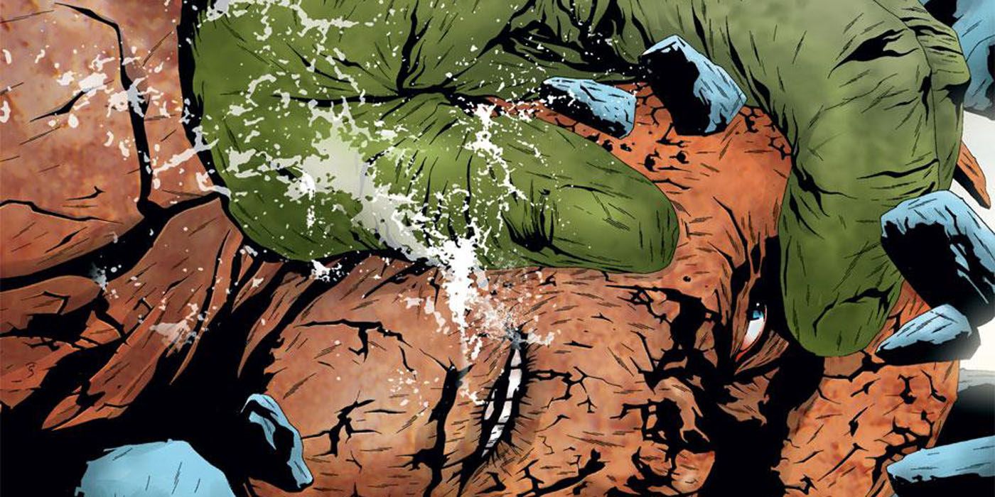 Hulk smashing Thing's face into the ground.