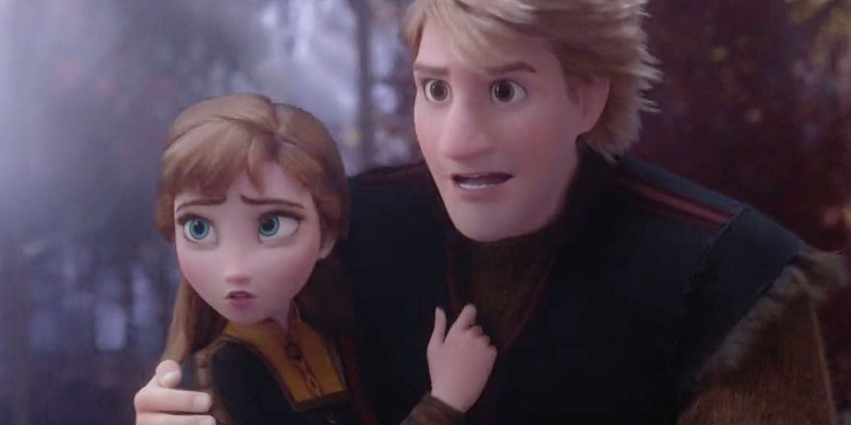 Kristoff holding Anna as they look out of the frame in Frozen 2
