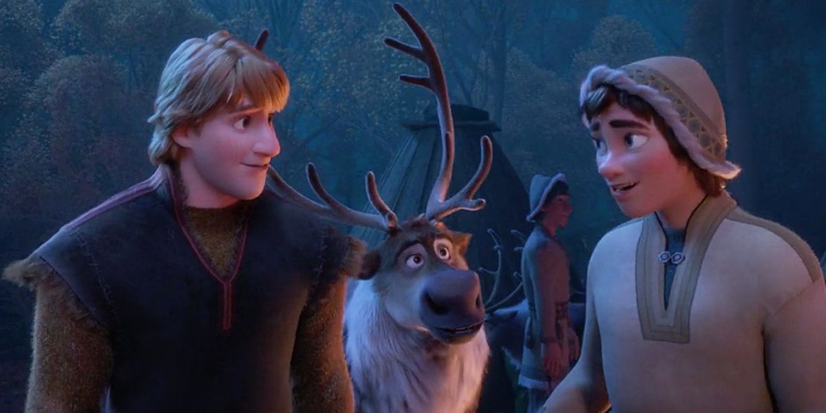 Kristoff and Sven looking at Ryder in Frozen 2
