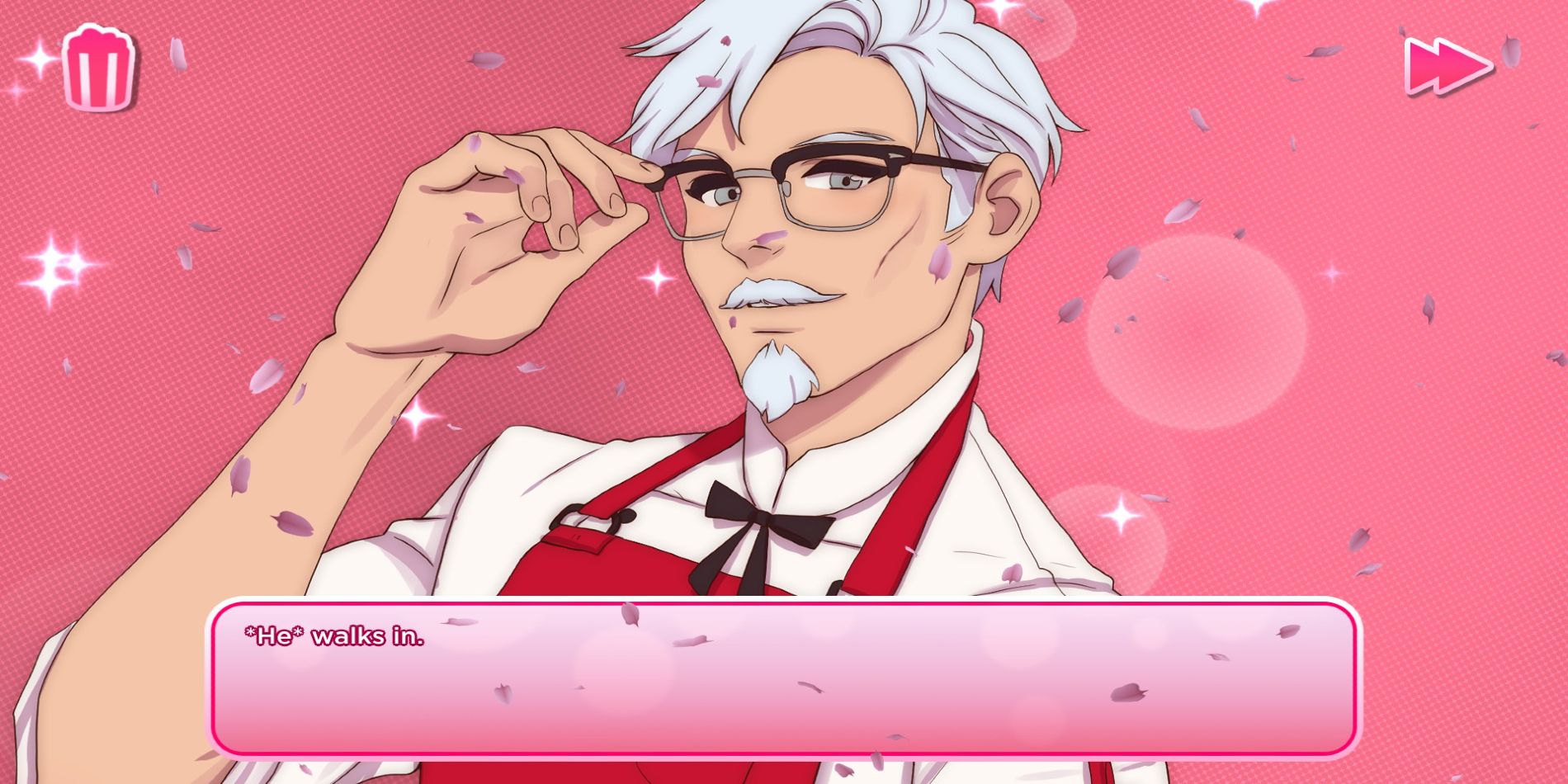 Screenshot from the game I Love You Colonel Sanders! showing the titular character Colonel Sanders.