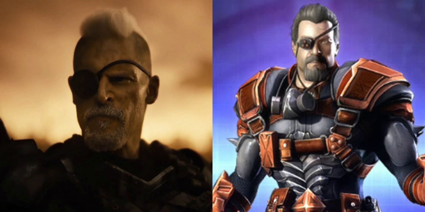 Deathstroke from the Knightmare next to the one from the games, both with gray hair, beard and no mask
