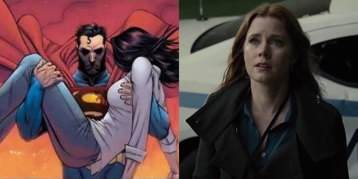 Amy Adams Lois Lane looks up, next to the Injustice comic Superman holding her body