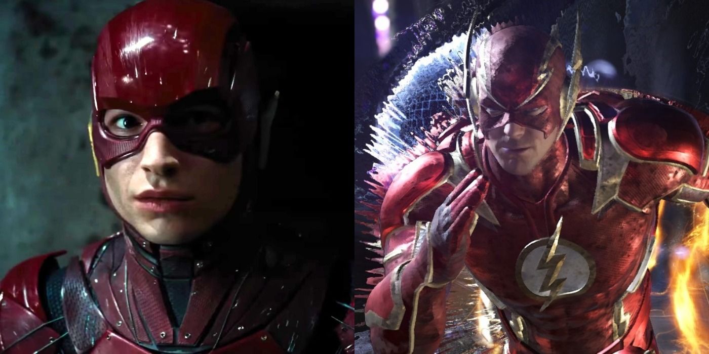 Ezra Miller in full Flash outfit, next to Flash from Injustice 2 running fast