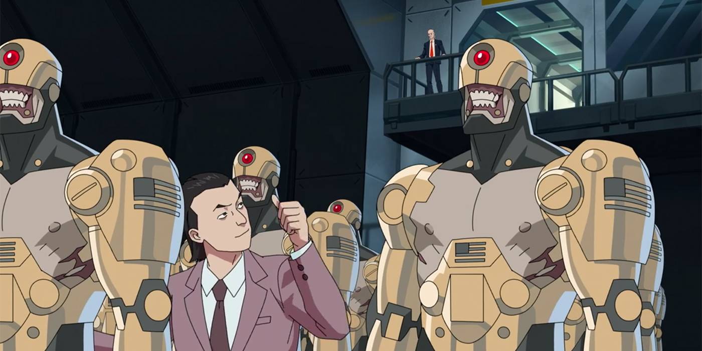 Eine Szene aus der animierten Serie Invincible mit einer Gruppe von augmentierten toten Menschen mit metallenen Körperteilen.