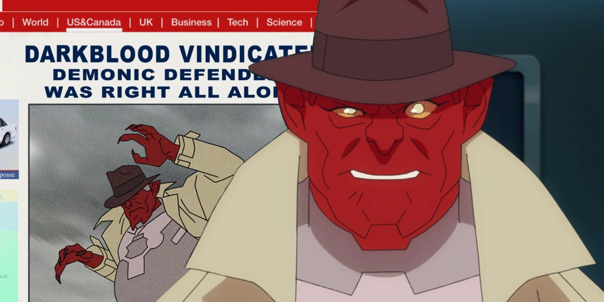 Split image depicting Damien Darkblood and a newspaper article