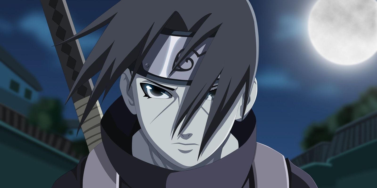 Itachi Uchiha stands below a full moon in Naruto