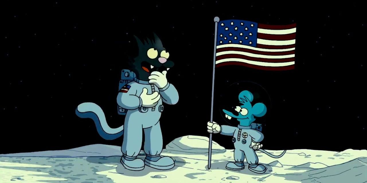 Itchy and Scratchy in the moon planting an American flag