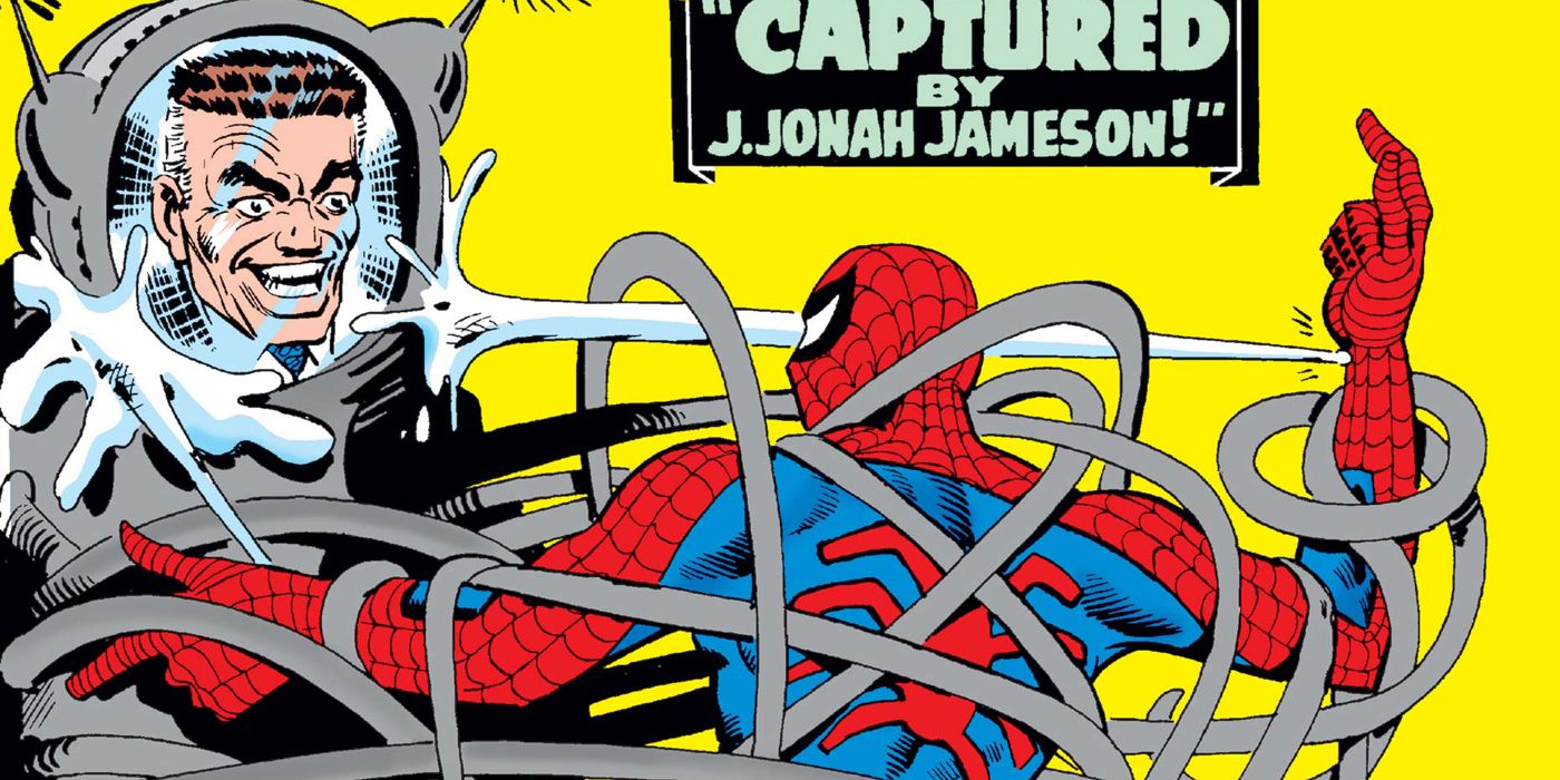J Jonah Jameson using a Spider-Slayer to attack Spider-Man.