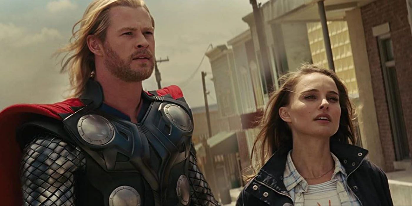 Thor walking with Jane Foster on Earth.