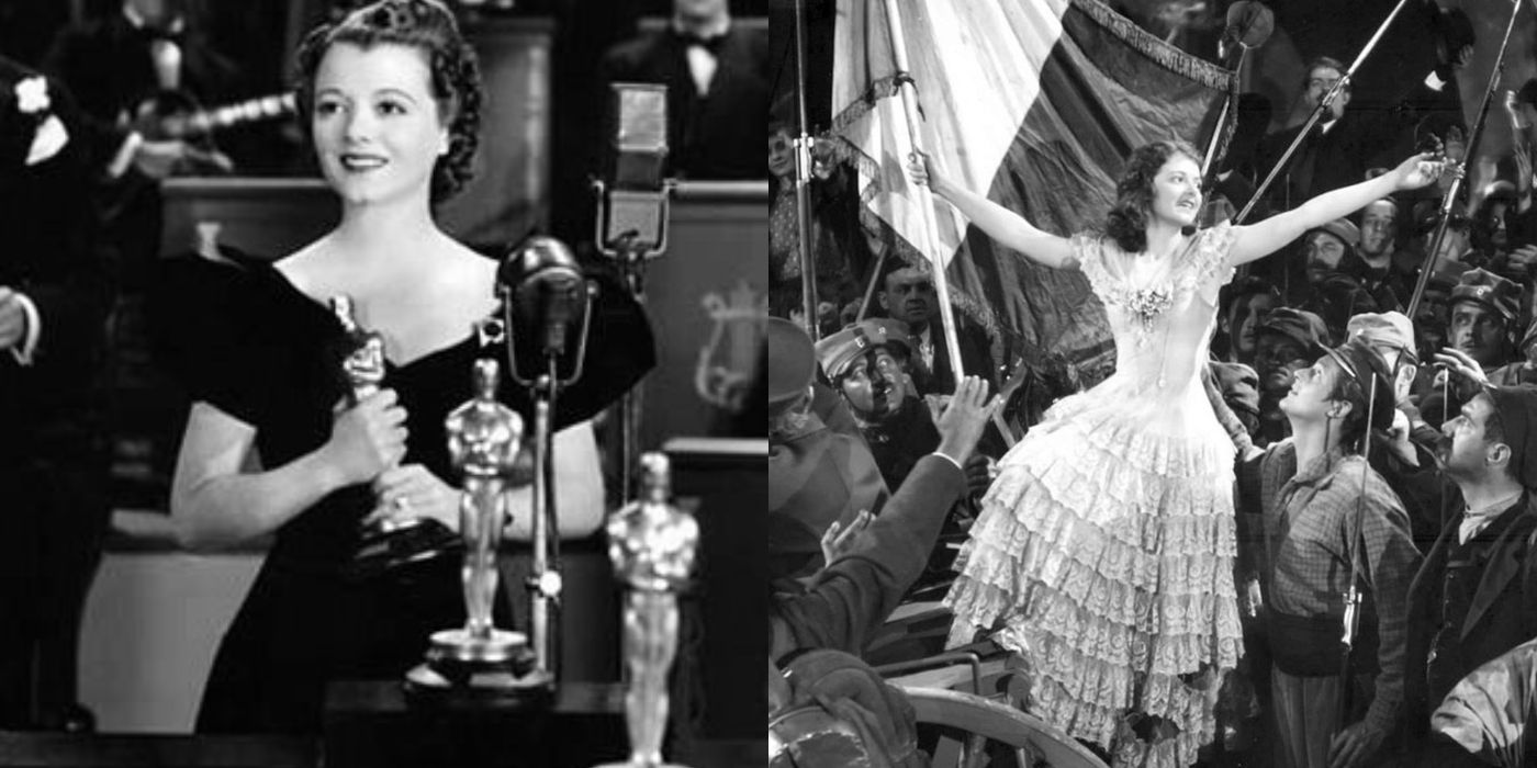 Janet Gaynor holding her Oscar, Janet Gaynor performing a song in 7th Heaven