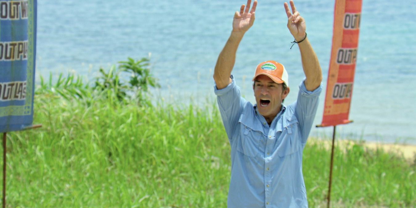 Jeff Probst at a challenge, calling the winner