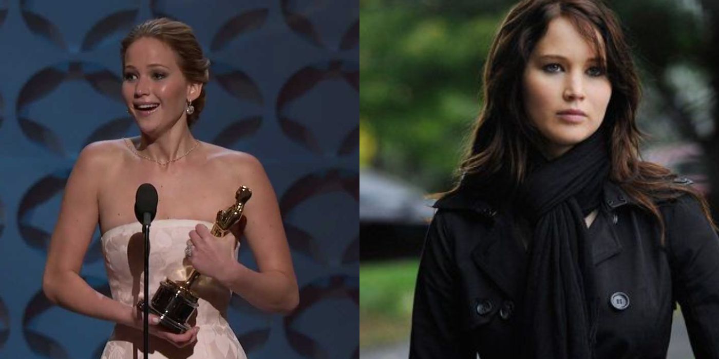 Jennifer Lawrence holding her Oscar, Jennifer Lawrence in a still from Silver Linings Playbook
