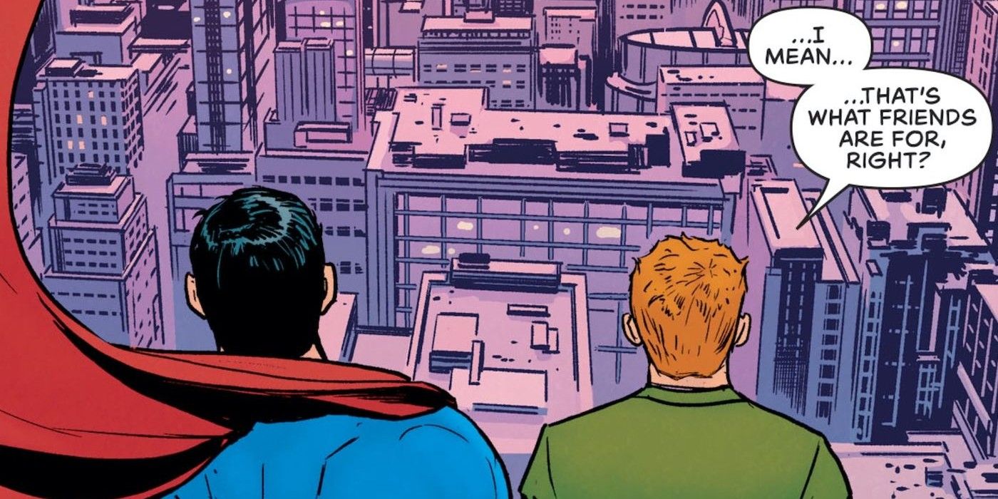 Superman and Jimmy Olsen in a high-rise, staring out at the city together