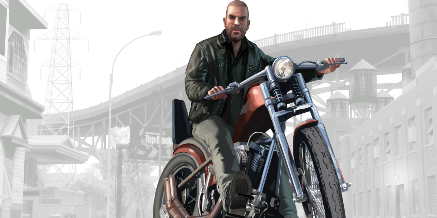 Johnny sits on a red motorbike in front of a rundown area of Liberty City