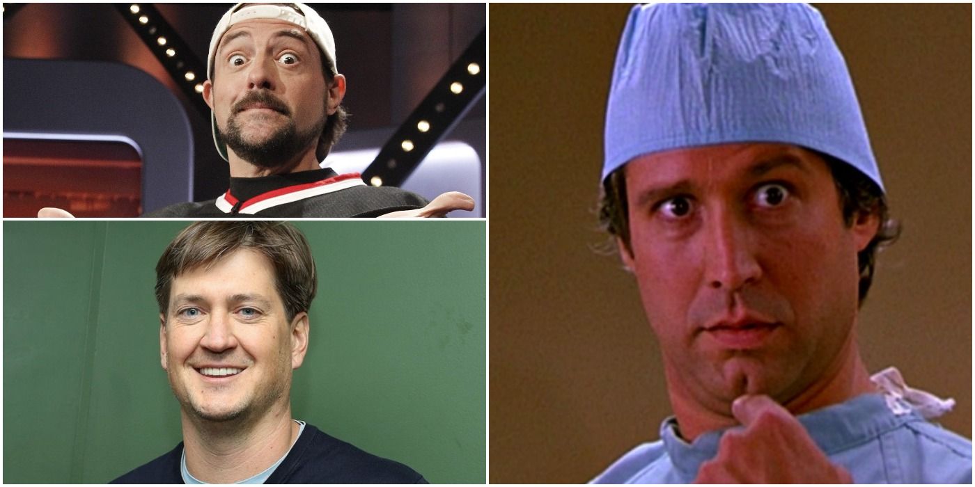 An image of director Kevin Smith over an image of writer Bill Lawrence, both next to an image of Chevy Chase in Fletch.