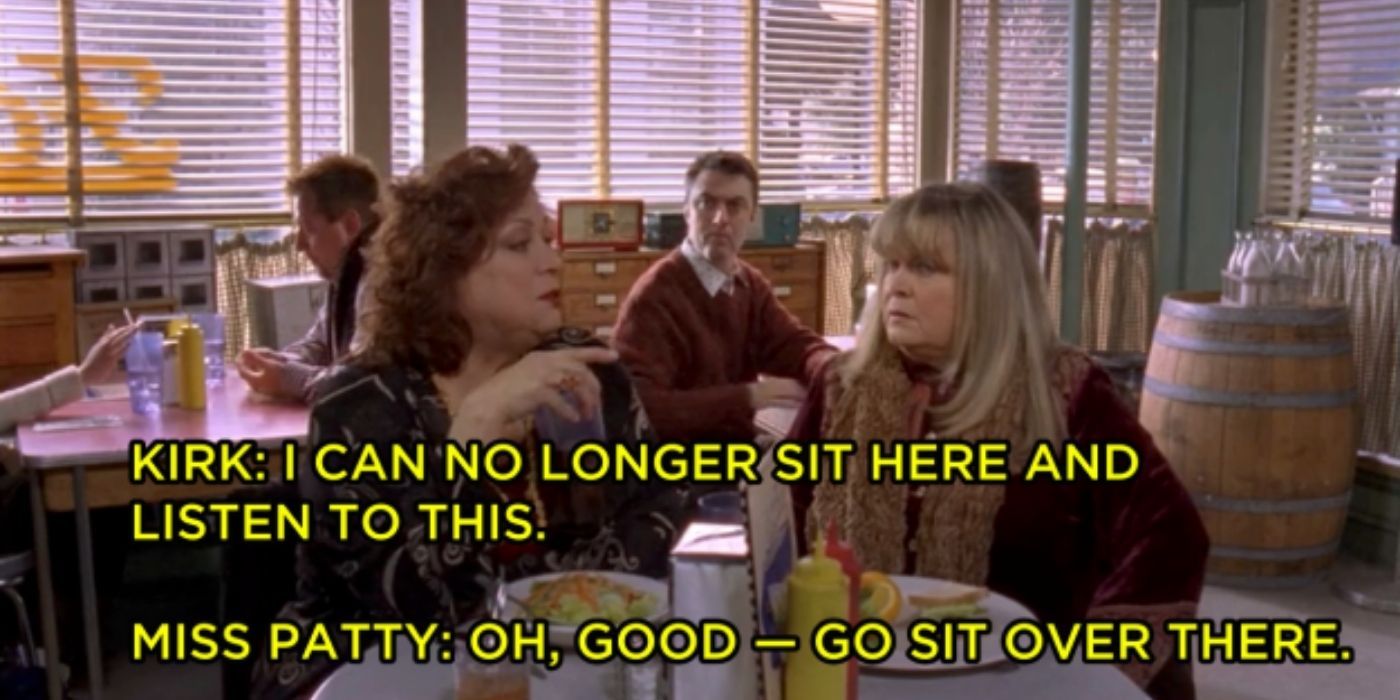 Kirk and miss patty talk at lukes diner in gilmore girls