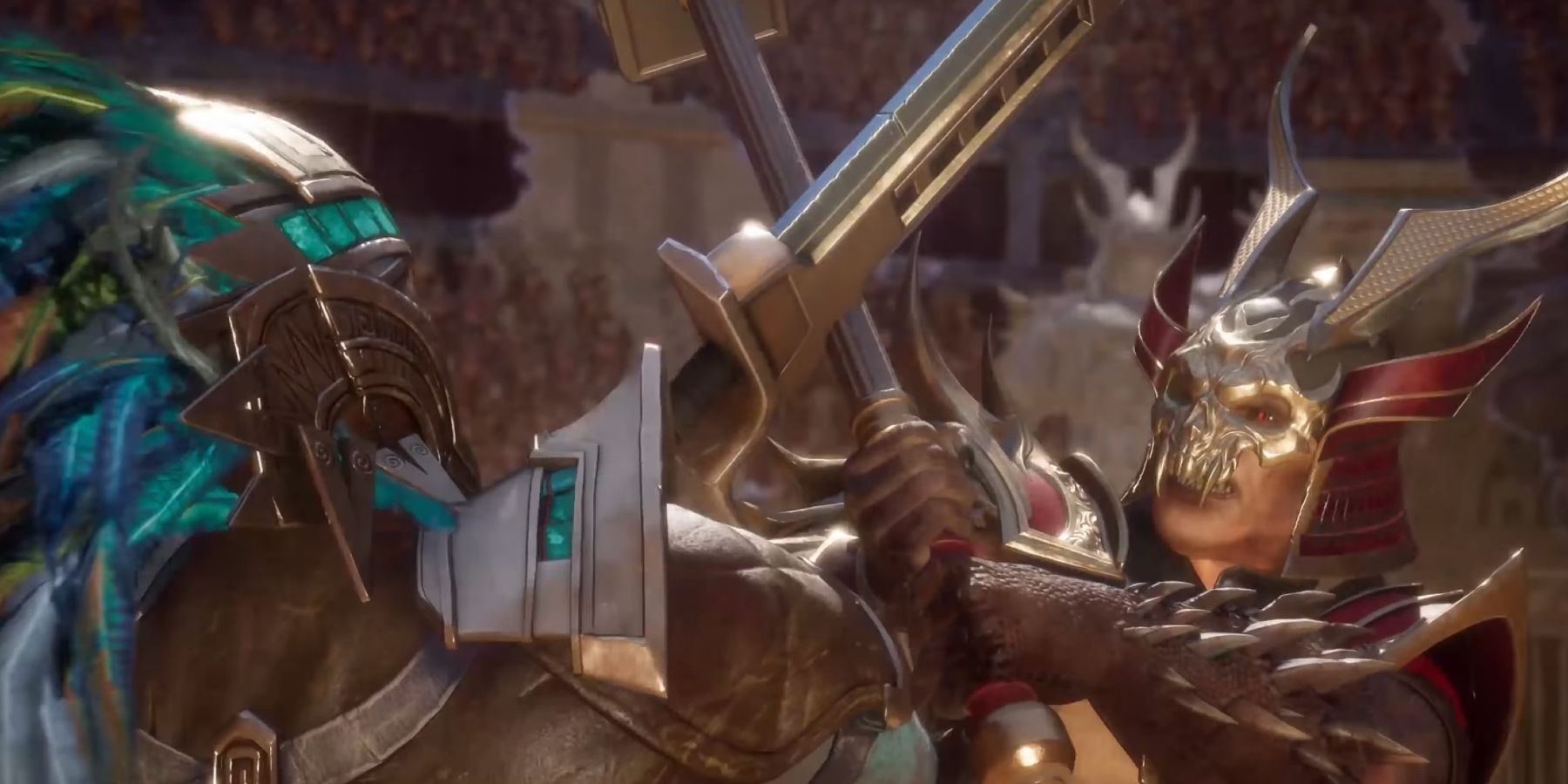 Kotal Kahn and Shao Kahn clashing weapons in Mortal Kombat 11