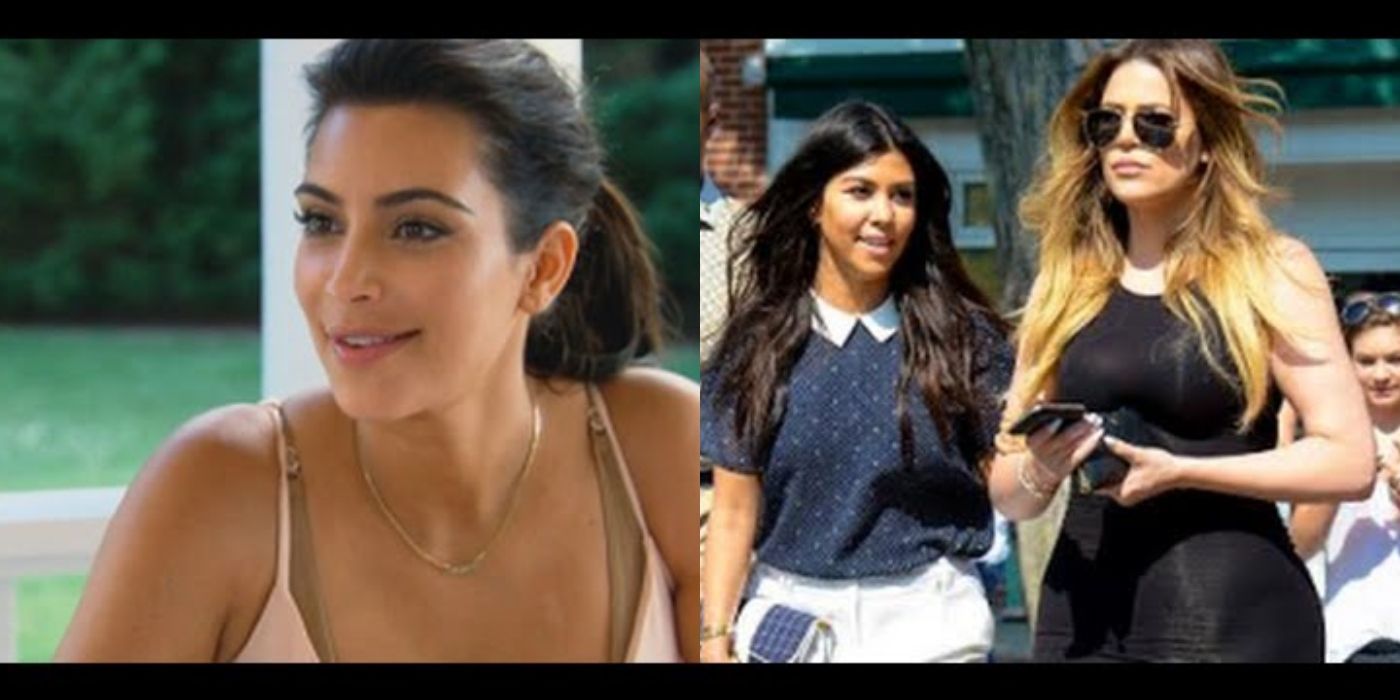 Kim Kardashian and Kourtney and Kourtney and Khloé Kardashian walking together on Khloé Take The Hamptons