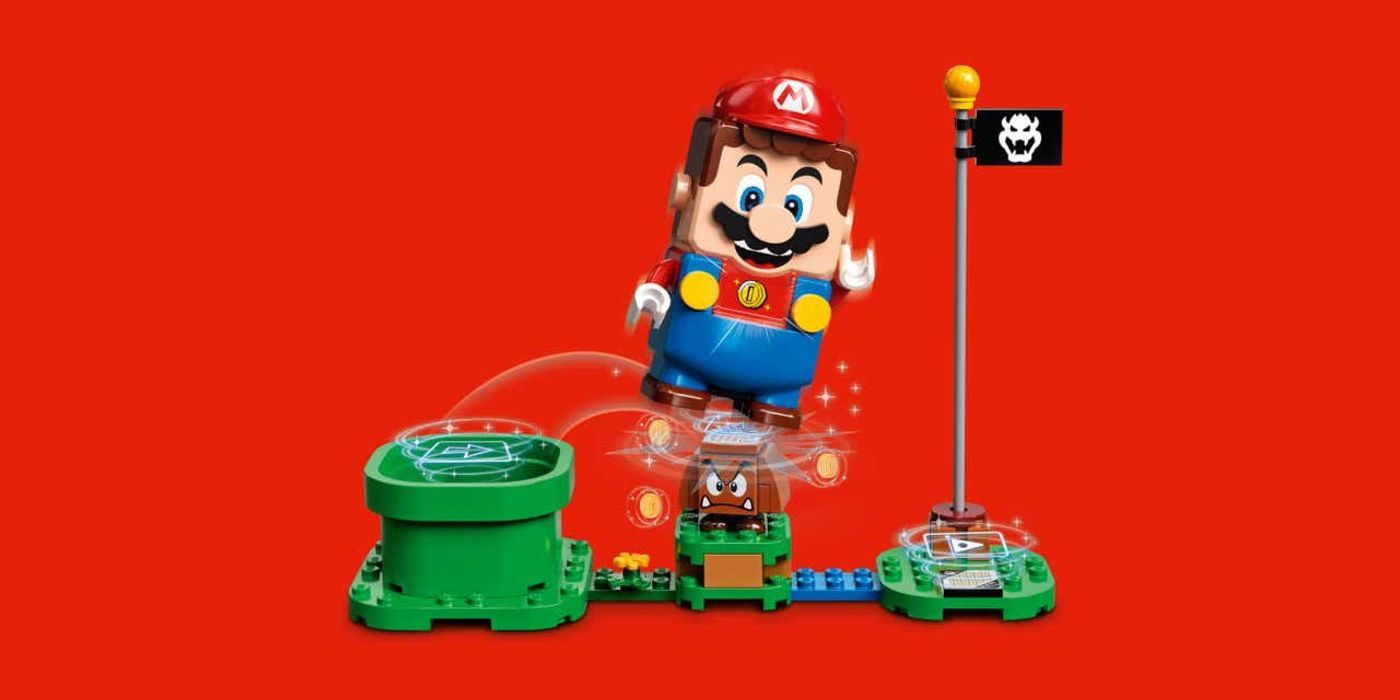 An image of LEGO Mario stomping on a goomba against a red background