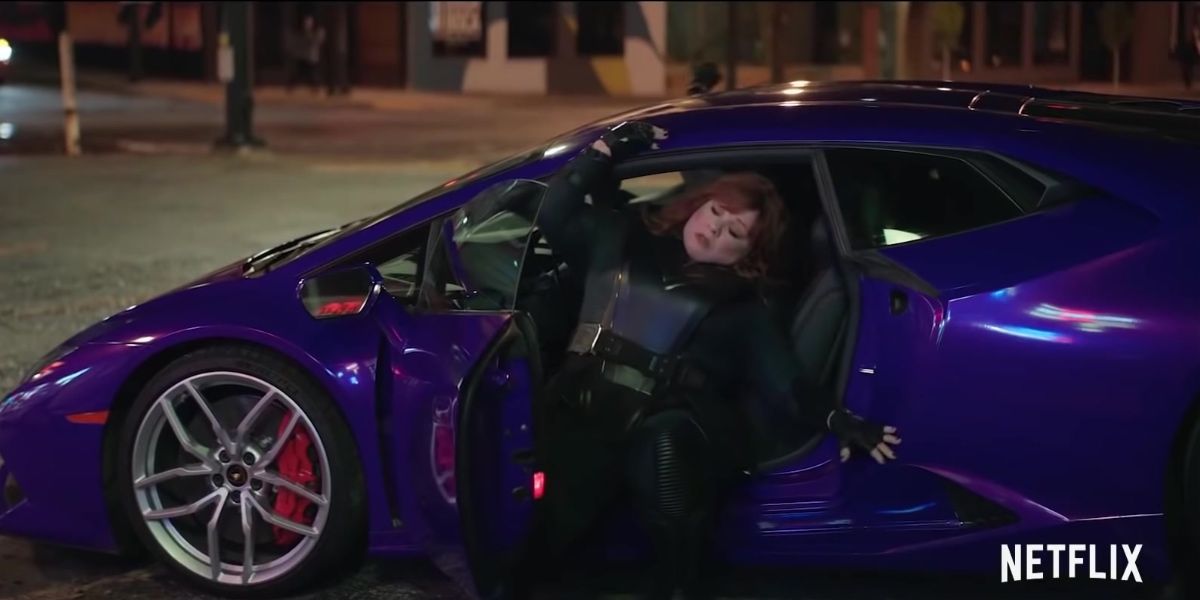 Lydia getting out of Lamborghini in Thunder Force