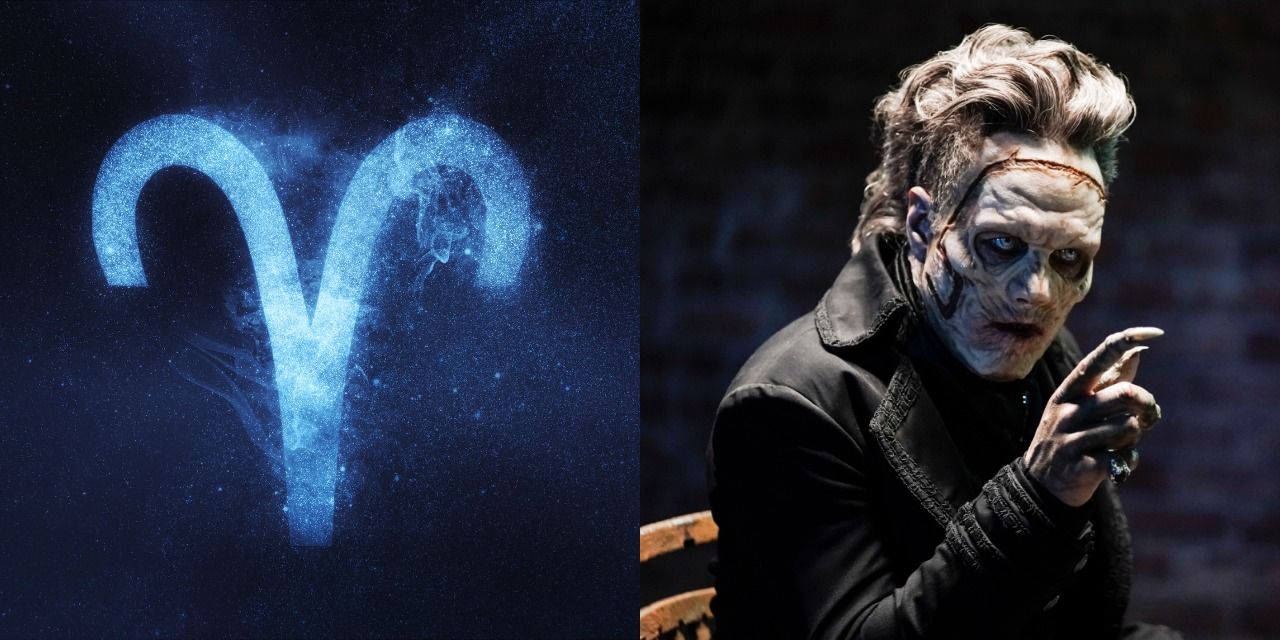 Split image of the Aries Zodiac sign and the Necromancer from Legacies